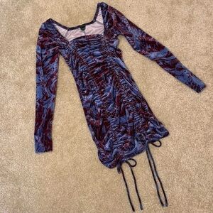 wild fable - blue & purple swirl print long sleeve ruched velvet bodycon dress